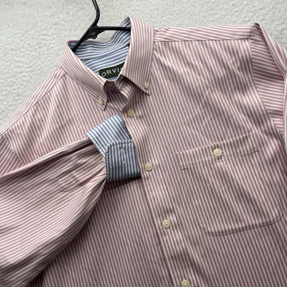 Orvis Button Up Shirt Mens Medium M Flip Cuff Pink‎ White Striped Wrinkle Free